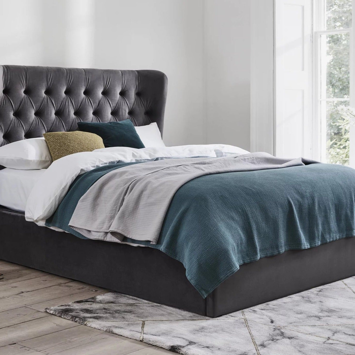 Calypso Velvet Smoke Ottoman Bed - Dante Furniture