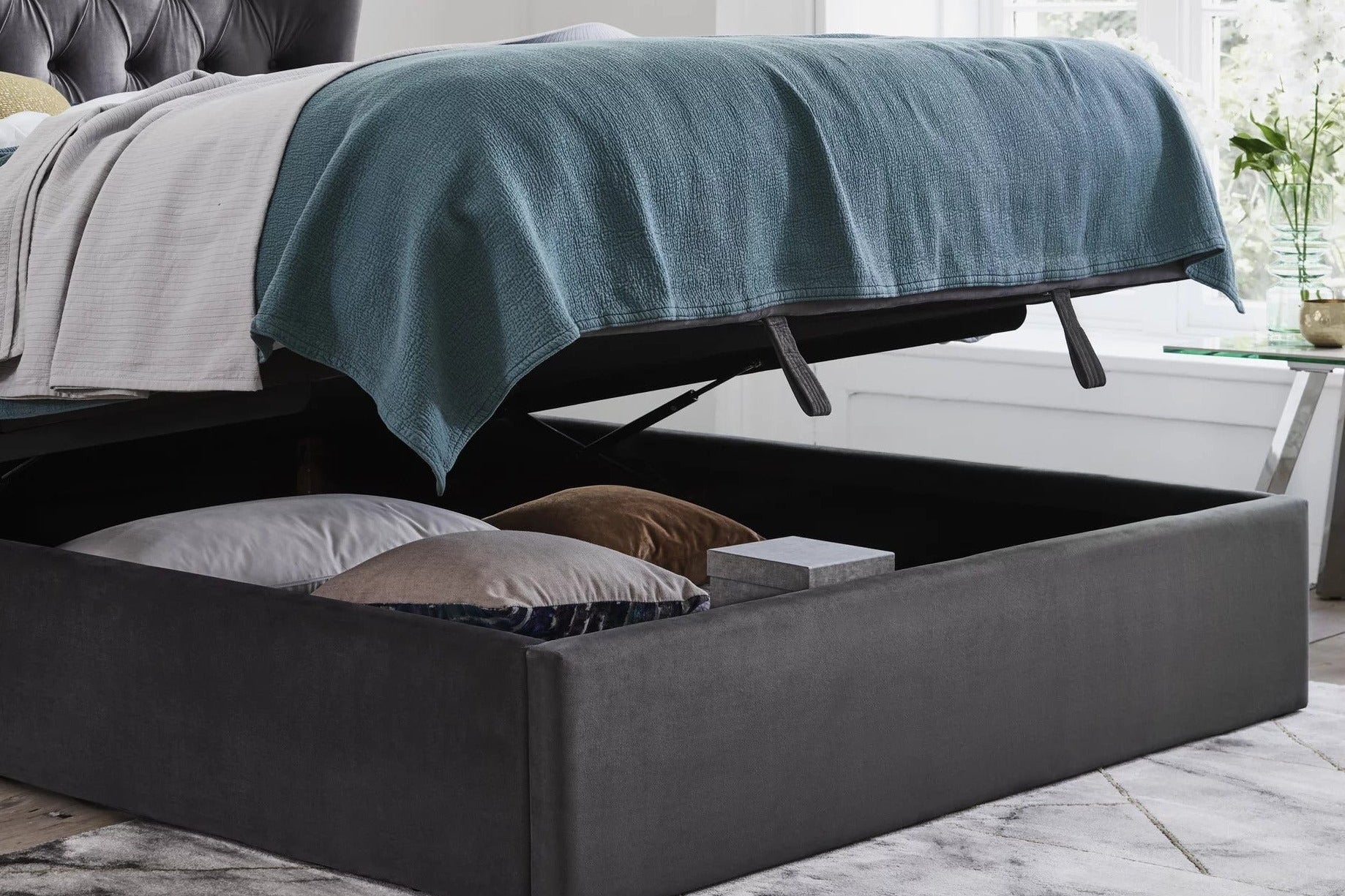 Calypso Velvet Smoke Ottoman Bed - Dante Furniture