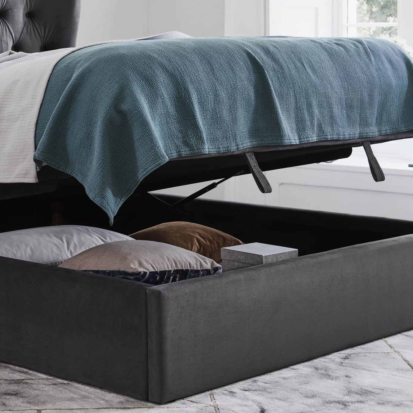 Calypso Velvet Smoke Ottoman Bed - Dante Furniture