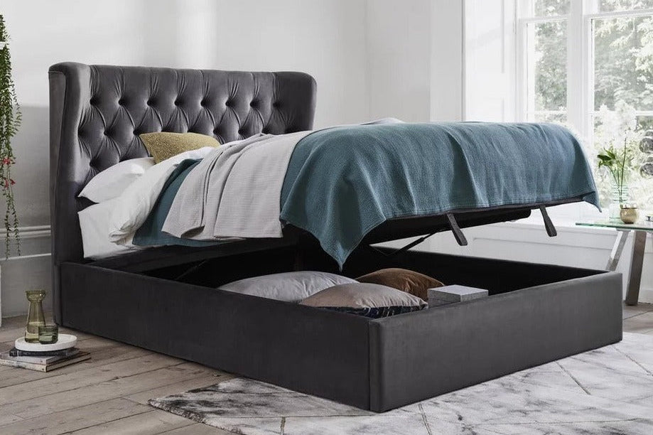 Calypso Velvet Smoke Ottoman Bed - Dante Furniture