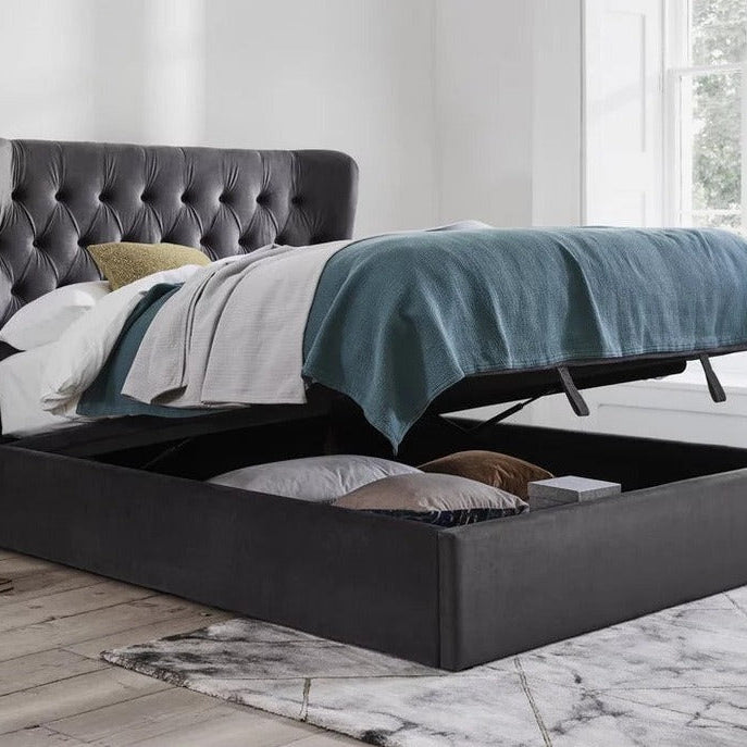 Calypso Velvet Smoke Ottoman Bed - Dante Furniture