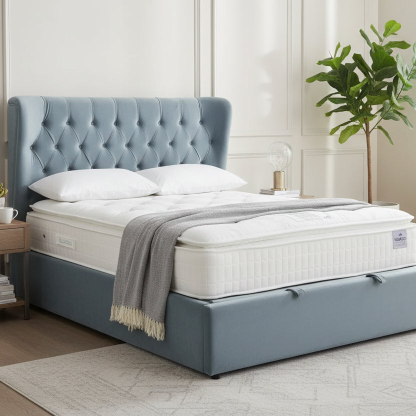 Calypso Velvet Sky Ottoman Bed - Dante Furniture