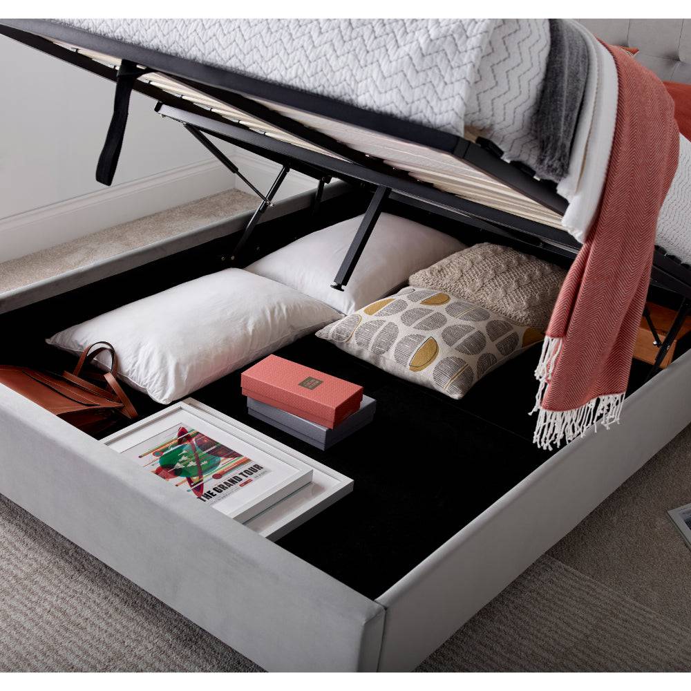 Kingham Ottoman Storage Bed - Grey Velvet - BedHut